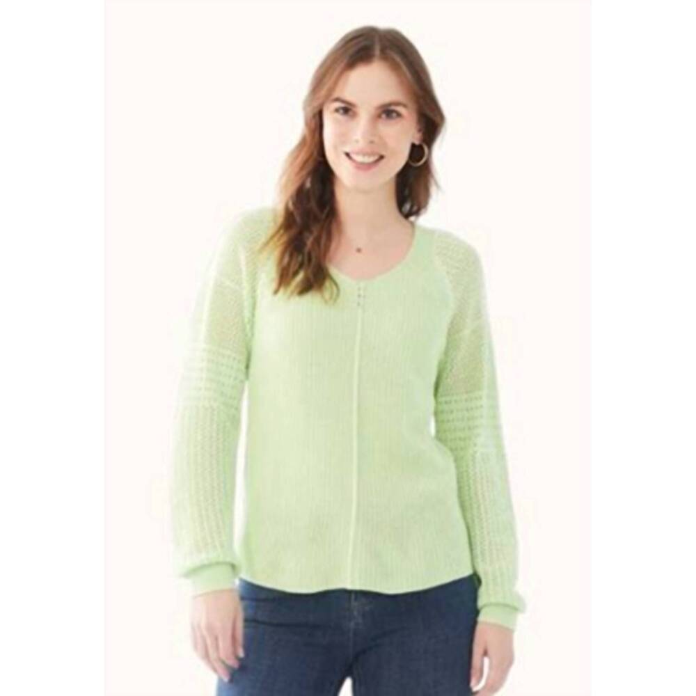 NEW FDJ long pointelle sleeve v-neck sweater in mojito green
